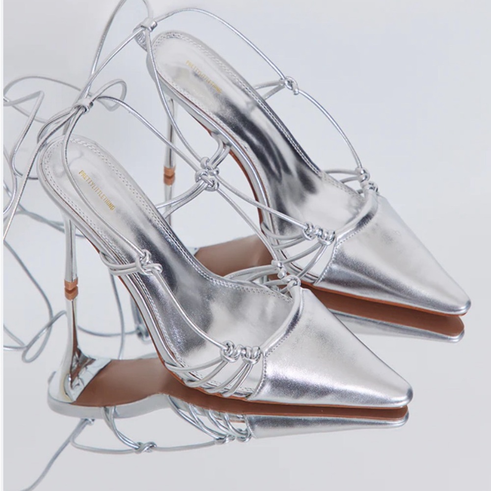 Pretty Little Thing Silver Pointed Toe Knotted Detail Heels
